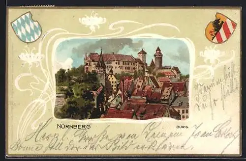 Passepartout-Lithographie Nürnberg, Burg und Wappen