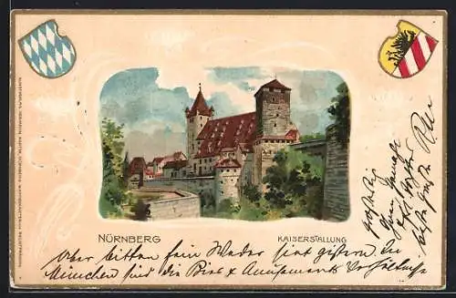 Passepartout-Lithographie Nürnberg, Kaiserstallung, Wappen