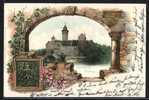 Passepartout-Lithographie Nürnberg, Freiung im Schlossfenster-Passepartout, Wappen