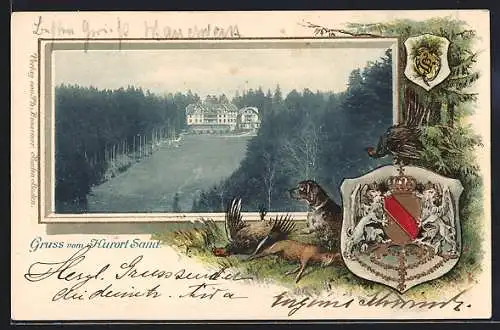 Passepartout-Lithographie Sand / Bühl, Blick auf das Kurhaus, Wappen mit Jagdhund