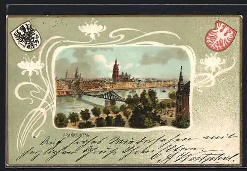 Passepartout-Lithographie Frankfurt a. M., Ortsansicht mit Mainbrücke, Wappen, Blumengirlanden