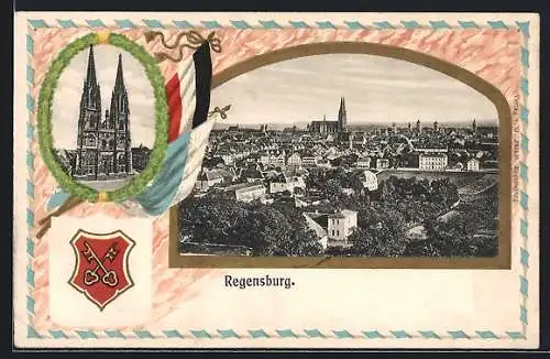 Passepartout-Lithographie Regensburg, Gesamtansicht vom Berg, Kathedrale St. Peter