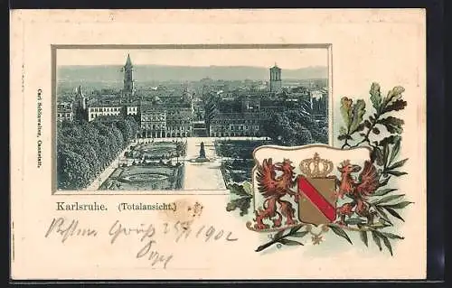 Passepartout-Lithographie Karlsruhe, Teilansicht der Stadt, Wappen