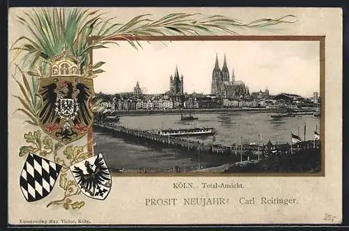 Passepartout-Lithographie Köln, Panorama am Rhein mit dem Dom, Stadt- und Reichswappen, Neujahrskarte