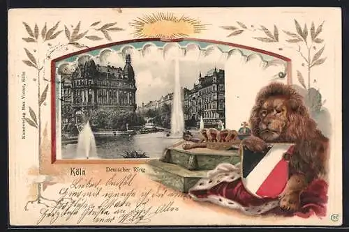 Passepartout-Lithographie Köln-Neustadt, Springbrunnen am Deutschen Ring, Löwe mit Wappen