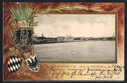 Passepartout-Lithographie Mülheim / Rhein, Gesamtansicht vom Wasser aus, Orts- und Reichswappen