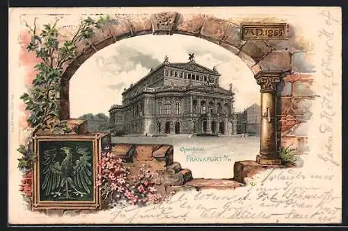 Passepartout-Lithographie Frankfurt /Main, Opernhaus, Blick durch eine Mauer, Wappen