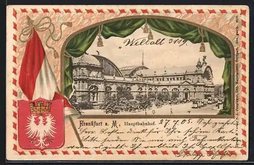 Passepartout-Lithographie Frankfurt, Hauptbahnhof mit Strassenbahn, Wappen