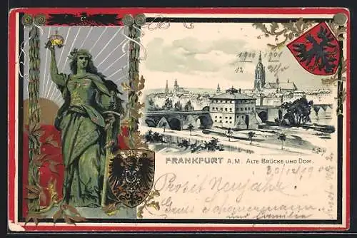 Lithographie Alt-Frankfurt, Alte Brücke und Dom, Germania