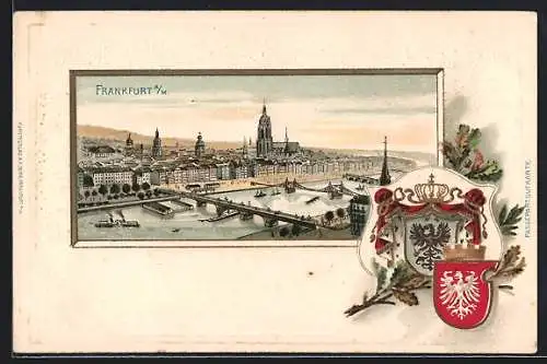 Passepartout-Lithographie Frankfurt /Main, Panorama mit den Mainbrücken, Wappen