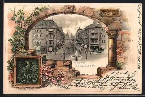 Passepartout-Lithographie Frankfurt, Kaiserstrasse mit Brunnen, Geschäften, Mauerpasspartout mit Rundbogen, Wappen