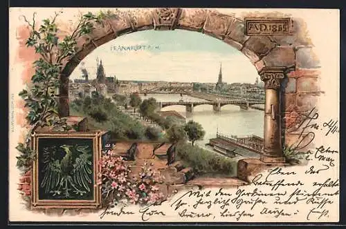 Passepartout-Lithographie Frankfurt a. M., Panoramaansicht am Fluss, Frankfurter Adler