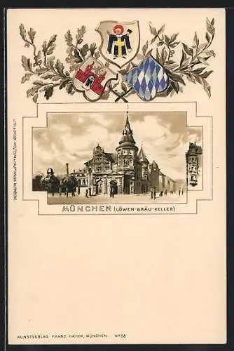 Lithographie München, Löwenbräu-Keller, Münchener Kindl, Wappen