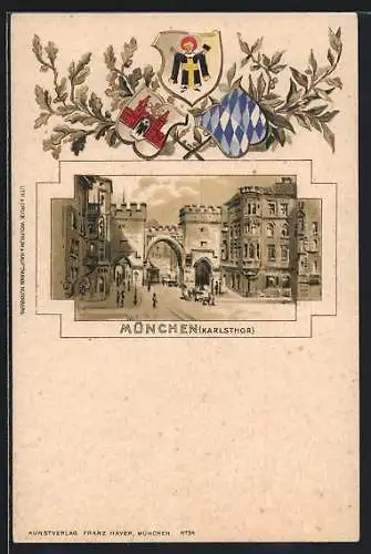 Passepartout-Lithographie München, Karlstor, Wappen