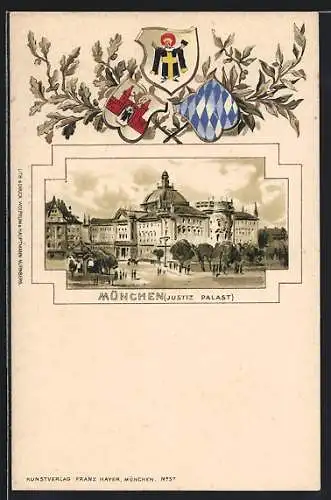 Passepartout-Lithographie München, Der Justiz-Palast, Stadt- und Landeswappen