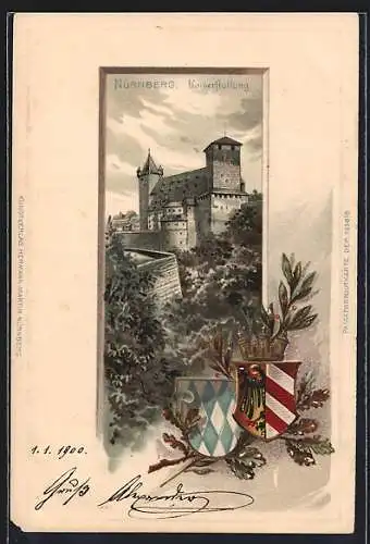 Passepartout-Lithographie Nürnberg, Anblick der Kaiserstallung, Wappen