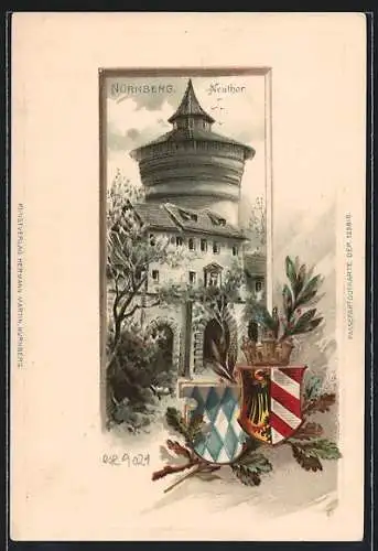 Passepartout-Lithographie Nürnberg, Neuthor mit Wappen