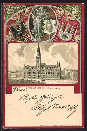 Passepartout-Lithographie Hamburg, Das Rathaus, Stadt- und Reichswappen, Hammonia