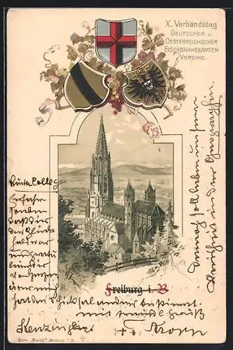 Passepartout-Lithographie Freiburg i. B., Das Münster, Stadt- und Landeswappen, X. Verbandstag der D. & Ö. Eisenbahner