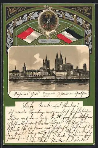 Passepartout-Lithographie Köln a. Rh., Panorama, Wappen