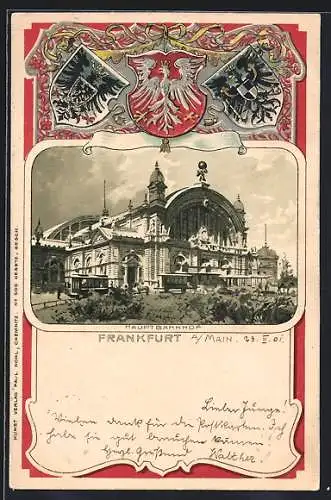 Passepartout-Lithographie Frankfurt a. Main, Der Hauptbahnhof, Stadt- und Reichswappen