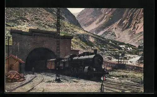 AK Gotthardbahn fährt duch gr. Tunnel, Schweizer Eisenbahn