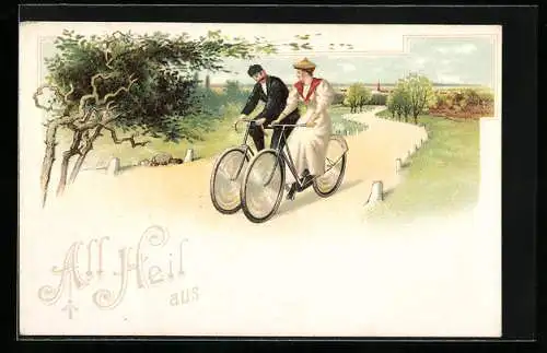 Lithographie Fahrrad-Fahrer in idyllischer Landschaft