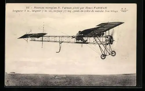 AK Nouveau monoplan H. Farman piloté par Henri Farman, Flugzeug