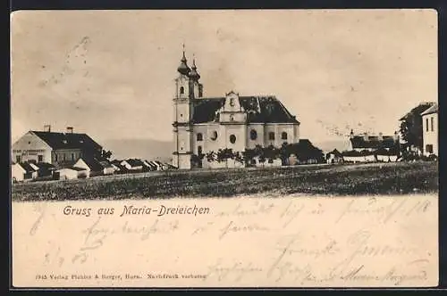 AK Maria-Dreieichen, Ortspanorama mit Kirche