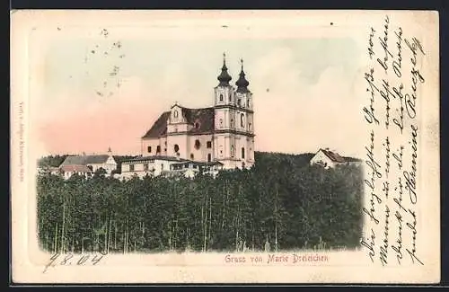 AK Maria Dreieichen, Kirche hinter Tannenwald