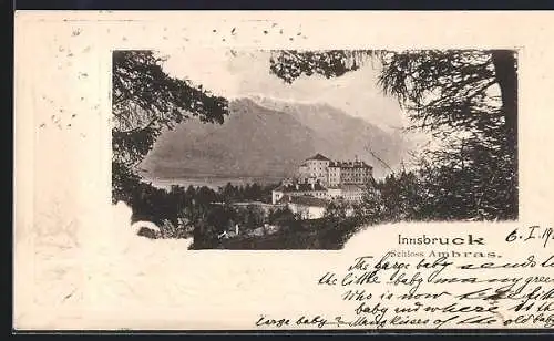 Präge-AK Innsbruck, Schloss Ambras aus der Vogelschau