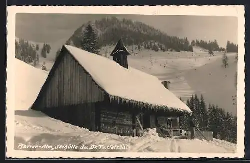 AK Pfarrer-Alm, Skihütte des Dv. Tv. Selztal im Schnee