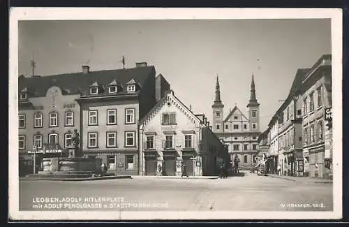 AK Leoben, platz mit Adolf Pendlgasse und Stadtpfarrkirche