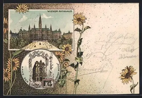 Lithographie Wien, Rathaus und Haus der Wiener Mode