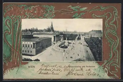 AK Wien, Franzensring mit Parlament im Jugendstil-Passepartout