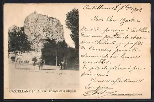 AK Castellane, B. Alpes, Le Roc et la chapelle