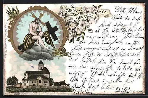 Lithographie Friedberg / Bayern, Wallfahrtskirche Herrgottsruh, Kirche, Jesus mit Kreuz