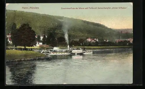 AK Hann.-Münden, Salon-Dampfer Kaiser Wilhelm am Zusammenfluss von Werra und Fulda