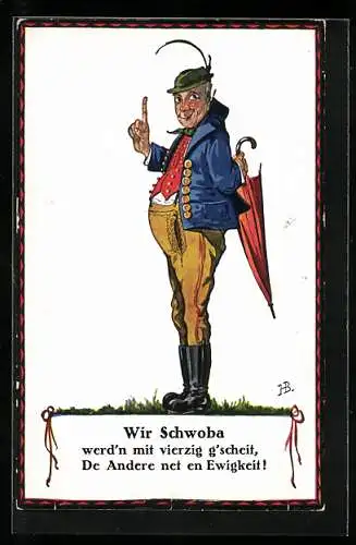 Künstler-AK Hans Boettcher: Schwabe mit Regenschirm erläutert wie gescheit manche Schwaben sind u.ande gar nicht