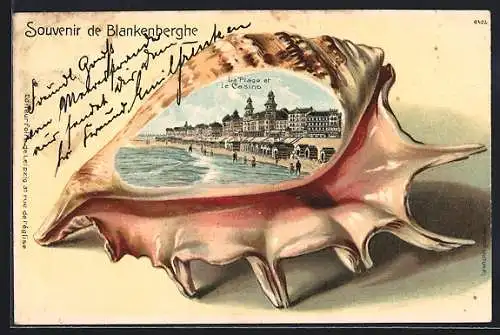 Passepartout-Lithographie Blankenberghe, La Plage et le Casino, Ansicht auf Muschel