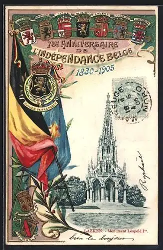 Passepartout-Lithographie Brüssel / Bruxelles, 75. Anniversaire de l`Independance Belge 1905, Monument Léopold I.