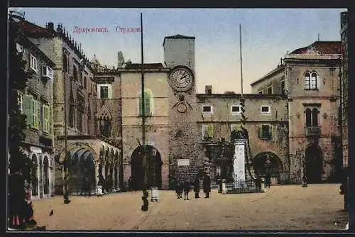 AK Dubrovnik, Stradun mit Uhrturm und Denkmal