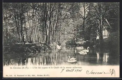 AK Saint-Christau, l'ile des Cygnes et le châlet de la source sulfurruse