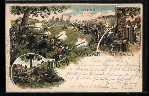 Lithographie Manöver, Im Gefecht, Abend im Manöver, Im Biwak