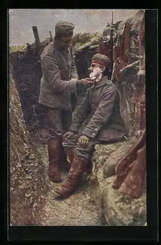 AK Der Barbier im Schützengraben, Soldat bei der Rasur, Der europäische Krieg 1914-15