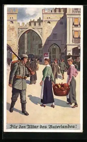 AK Für den Altar des Vaterlandes!, Soldat mit Gewehr begegnet zwei Frauen mit Korb, Kriegshilfe