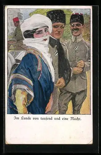 Künstler-AK Ernst Heilemann: Im Lande von tausend und eine Nacht, türkische Soldaten mit einem Mädchen