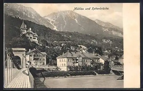 AK Innsbruck, Mühlau, Ortsansicht mit Kettenbrücke und Bergen