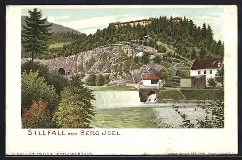 Lithographie Innsbruck, Sillfall beim Berg Isel, Häuser am Fluss