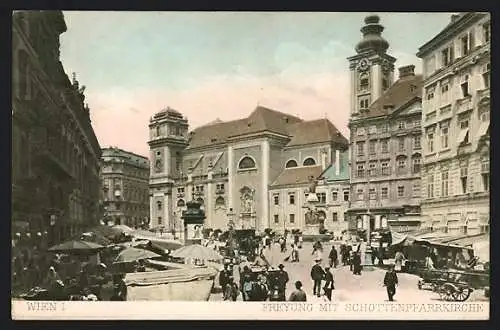 AK Wien I, Freyung, Schottenkirche, Brunnen, Händler, Fussgänger